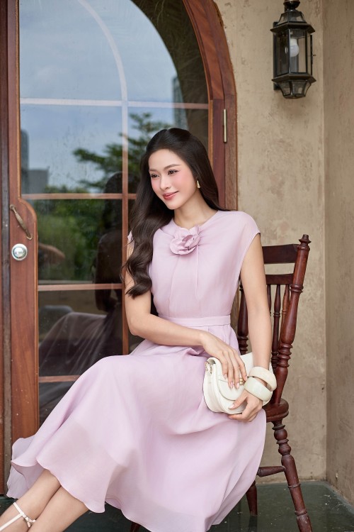 Sixdo Light Murrey 3D Flower Organza Flared Dress